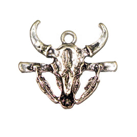 Pendant - Bull's Head with Feathers Antique Silver Lead Free Nickel Free