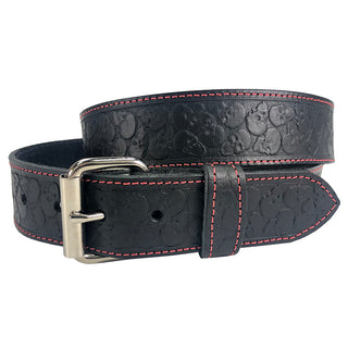 Black Solid Veg-Tan Stitched Leather Belt - Embossed Skulls 1.5