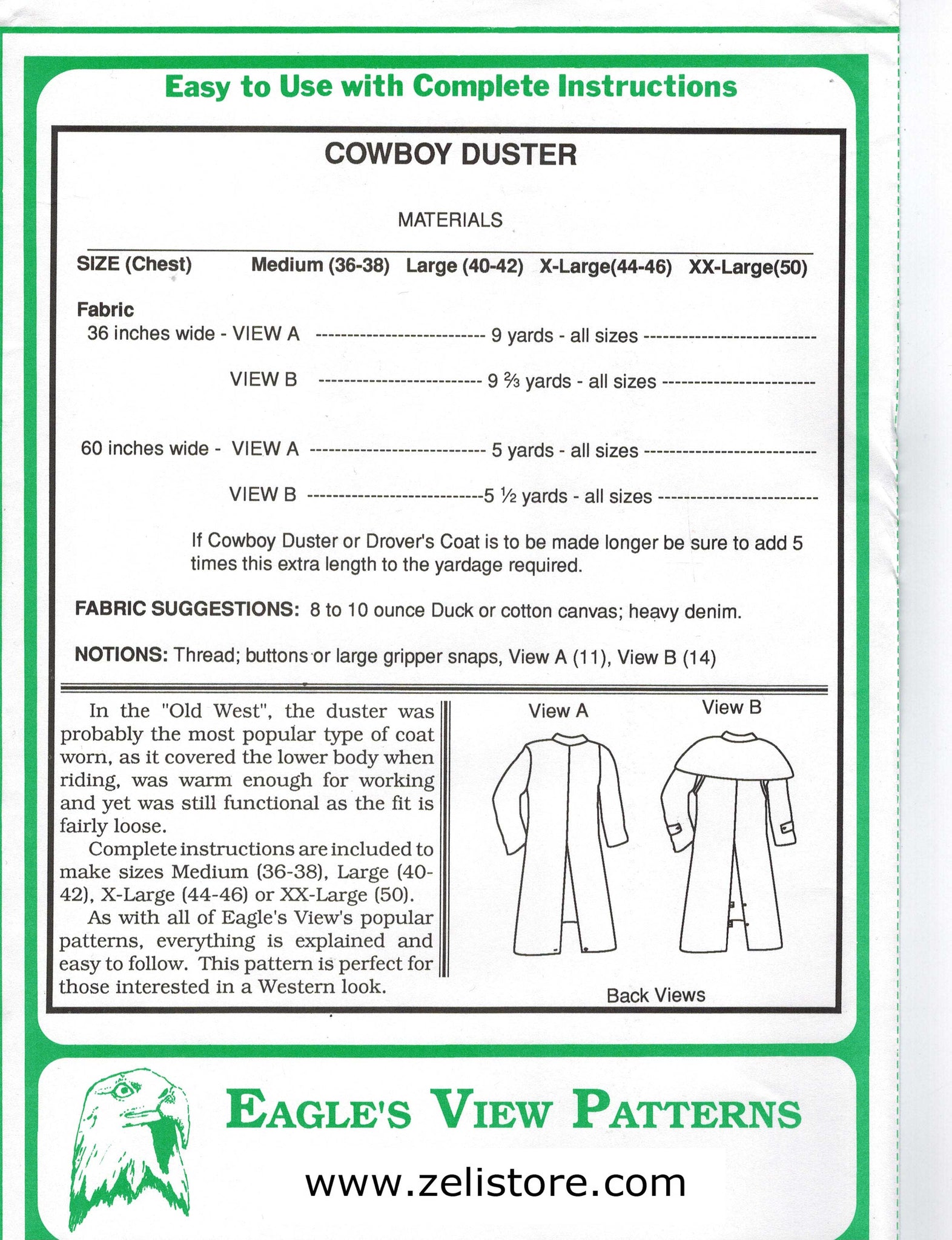 Cowboy Duster Pattern| Zelikovitz.com